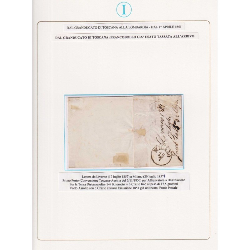 TOSCANA 1851-52 6 CRAZIE AZZURRO US. SU BUSTA FRODE POSTALE  | Fila...