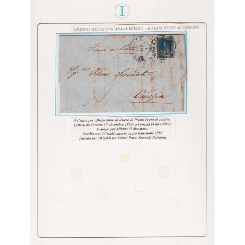 TOSCANA 1857 6 CRAZIE AZZURRO CUPO US. SU BUSTA  | Filatelia Meloni