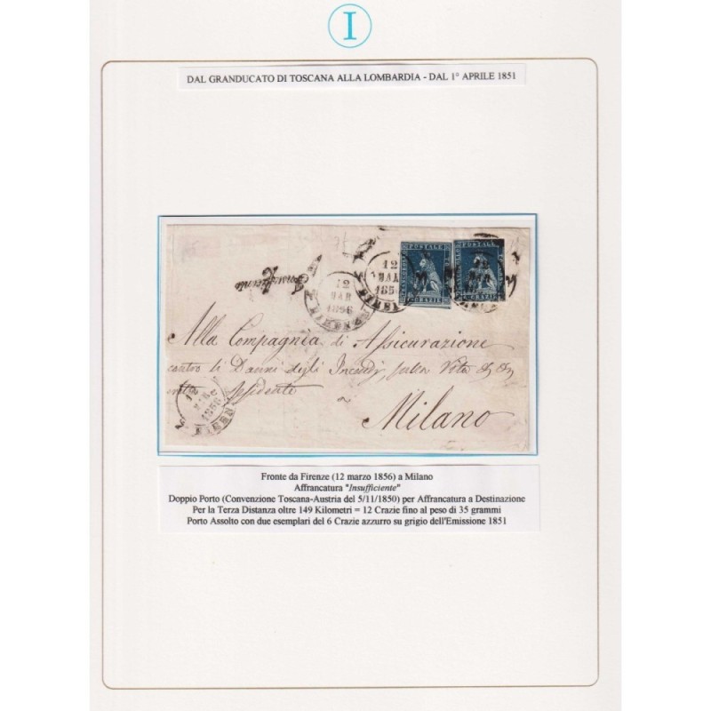 TOSCANA 1851-52 6 CRAZIE AZZURRO SU GRIGIO 2 V. US. SU BUSTA  | Fil...