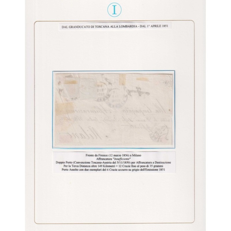 TOSCANA 1851-52 6 CRAZIE AZZURRO SU GRIGIO 2 V. US. SU BUSTA  | Fil...