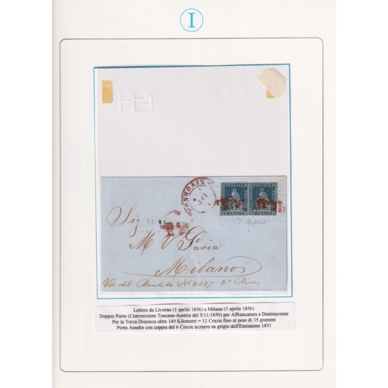 TOSCANA 1851-52 COPPIA 6 CRAZIE AZZURRO SU GRIGIO N.7d US. SU BUSTA...