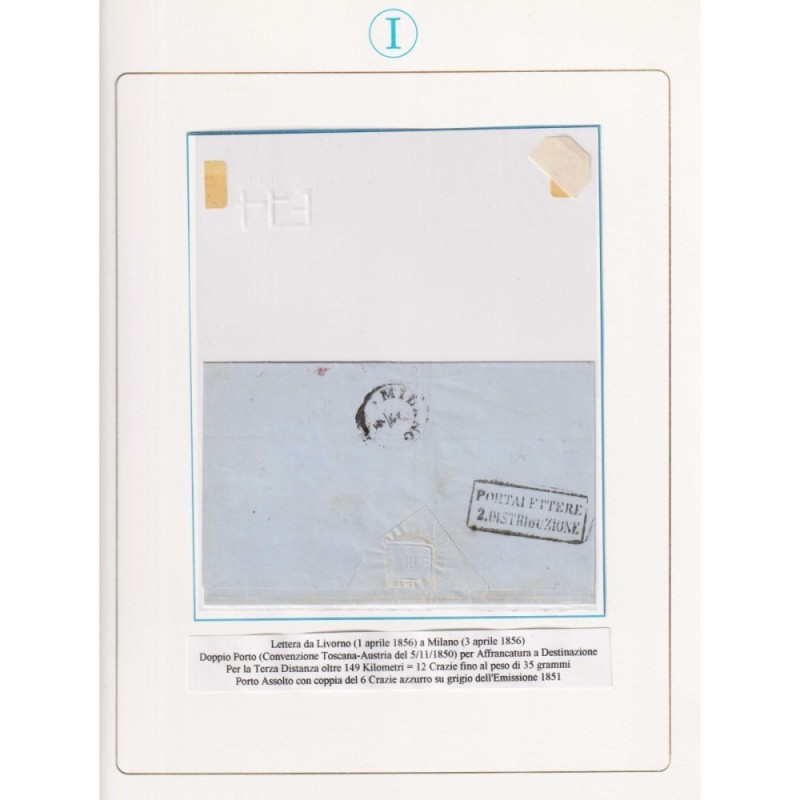 TOSCANA 1851-52 COPPIA 6 CRAZIE AZZURRO SU GRIGIO N.7d US. SU BUSTA...
