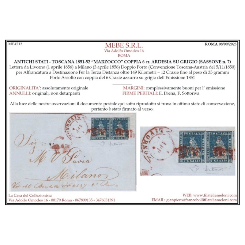 TOSCANA 1851-52 COPPIA 6 CRAZIE AZZURRO SU GRIGIO N.7d US. SU BUSTA...