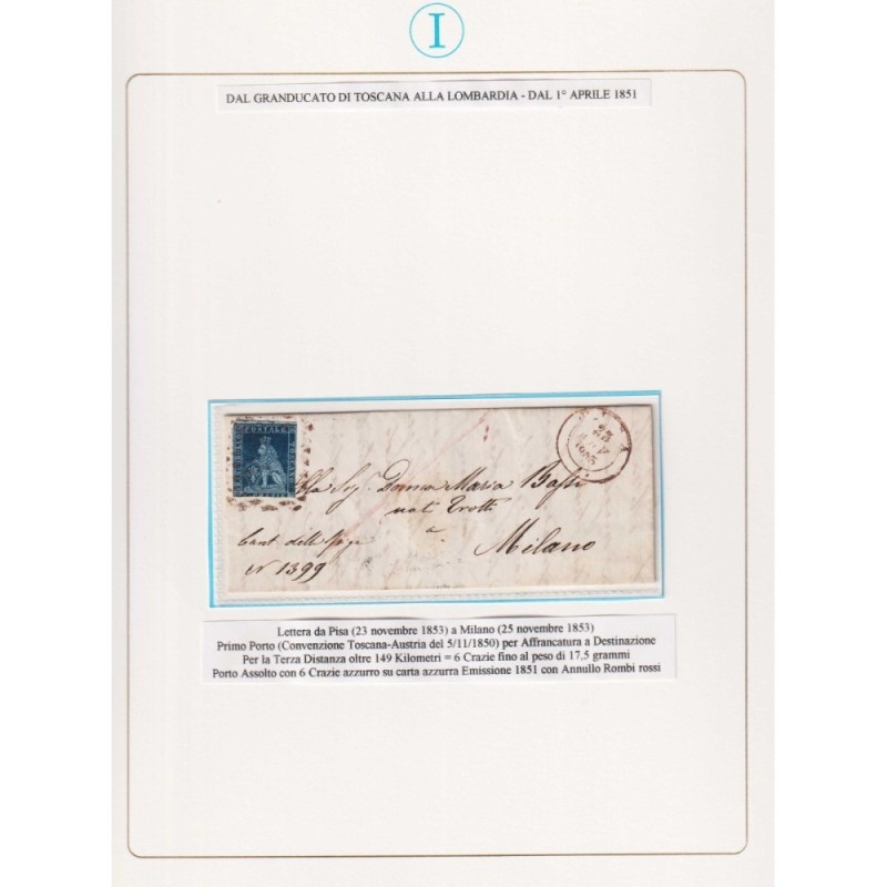 TOSCANA 1851-52 6 CRAZIE INDACO SU AZZURRO N.7a US. SU BUSTA  | Fil...