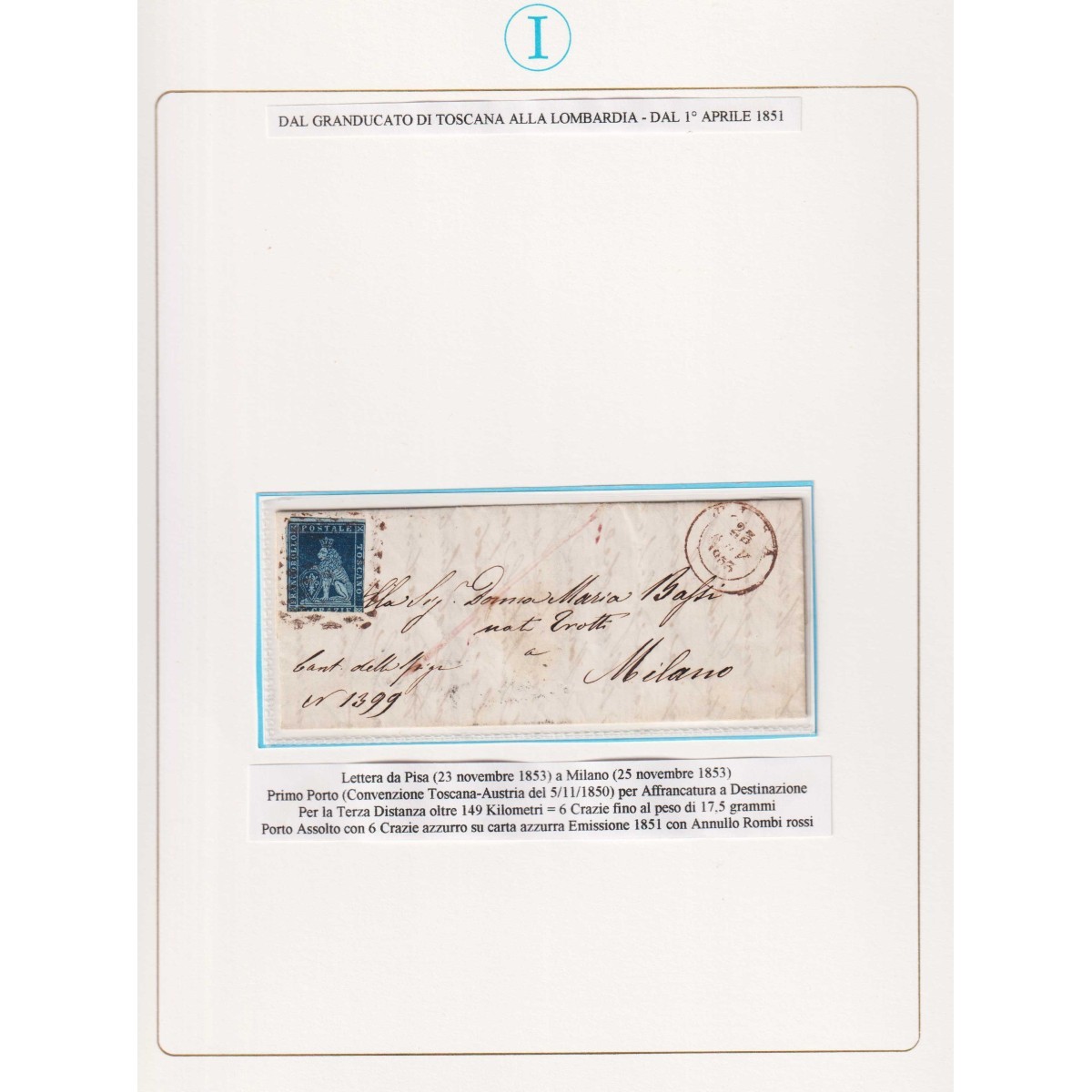 TOSCANA 1851-52 6 CRAZIE INDACO SU AZZURRO N.7a US. SU BUSTA  | Fil... TOSCANA 1851-52 6 CRAZIE INDACO SU AZZURRO N.7a US. SU BUSTA  | Fil...