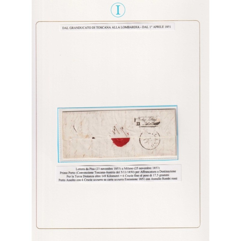 TOSCANA 1851-52 6 CRAZIE INDACO SU AZZURRO N.7a US. SU BUSTA  | Fil...