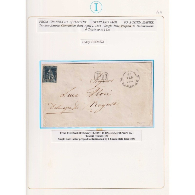 TOSCANA 1851-52 6 CRAZIE ARDESIA SU GRIGIO N.7 US. SU BUSTA  | Fila...