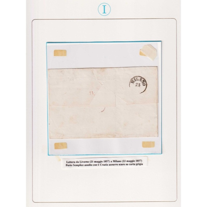 TOSCANA 1851-52 6 CRAZIE AZZURRO SU GRIGIO N.7d US. SU BUSTA  | Fil...