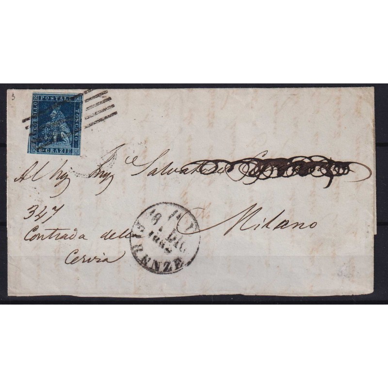 TOSCANA 1851-52 6 CRAZIE ARDESIA SU GRIGIO N.7 US. SU BUSTA  | Fila...