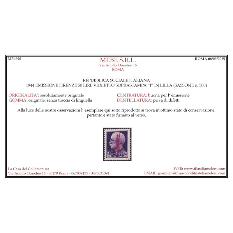 R.S.I. SOCIALE 1944 IMPERIALE 50 LIRE FASCETTO FIRENZE LILLA G.I MN...