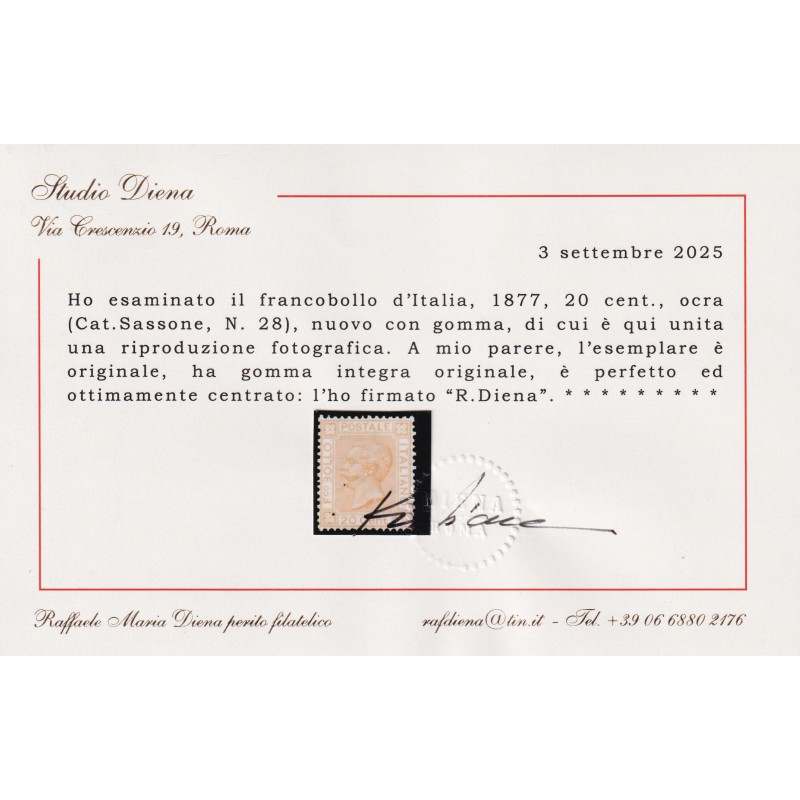 REGNO D'ITALIA 1877 20 CENTESIMI N.28 G.I MNH** CERT. CENTRATO  | F...