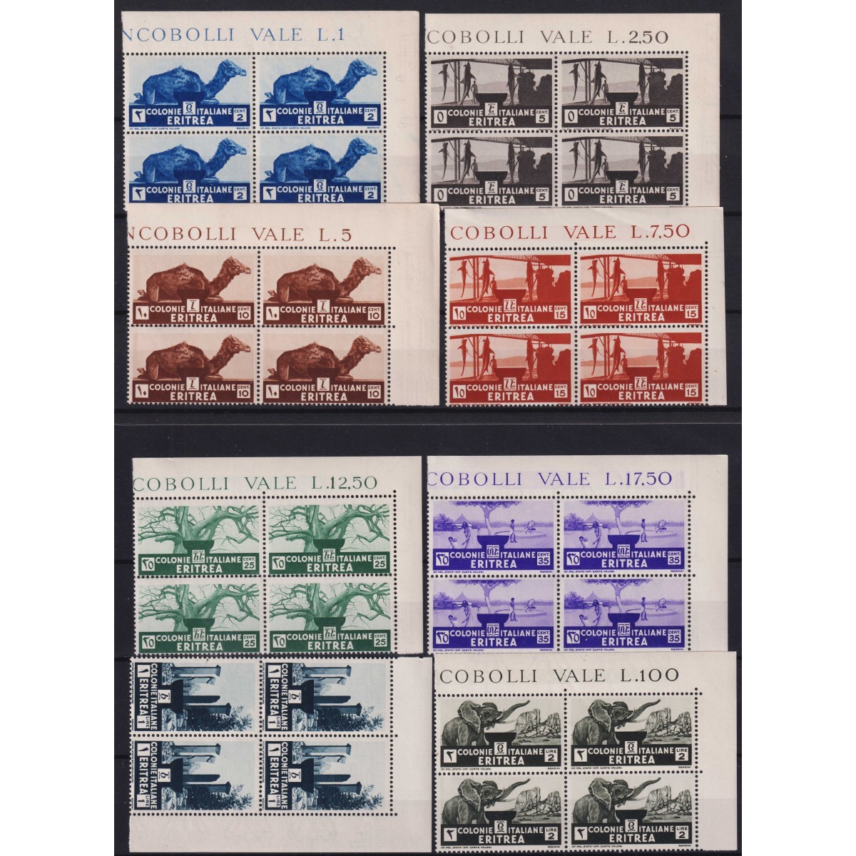 COLONIE ERITREA 1933 QUARTINE SOGGETTI AFRICANI 10 V. G.I MNH** ANG... COLONIE ERITREA 1933 QUARTINE SOGGETTI AFRICANI 10 V. G.I MNH** ANG...