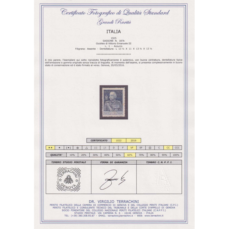 REGNO 1925-26 GIUBILEO DEL RE 1 L. VARIETA' DENT. MISTA N.187b G.I ...