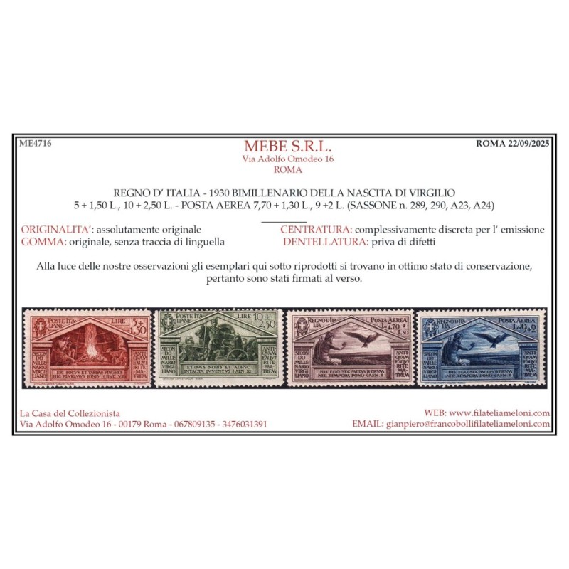 REGNO D'ITALIA 1930 BIMILLENARIO VIRGILIO 13 V. G.I MNH** CERT.  | ...