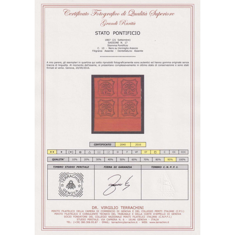 STATO PONTIFICIO 1867 QUARTINA 10 CENTESIMI N.17 G.I MNH** CERT.  |...