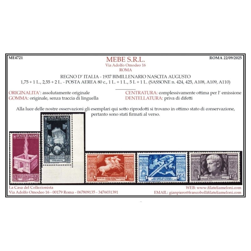 REGNO D'ITALIA 1937 BIMILLENARIO AUGUSTO 15 VALORI G.I MNH** CERT. ...