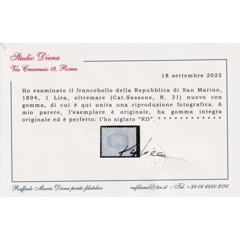 SAN MARINO 1894-99 1 LIRA AZZURRA N.31 G.I MNH** CERT.  | Filatelia...