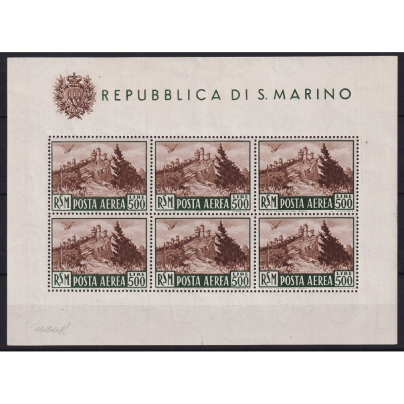 SAN MARINO 1951 FOGLIETTO VEDUTA 500 LIRE N.12 G.I MNH** CERT.  | F...