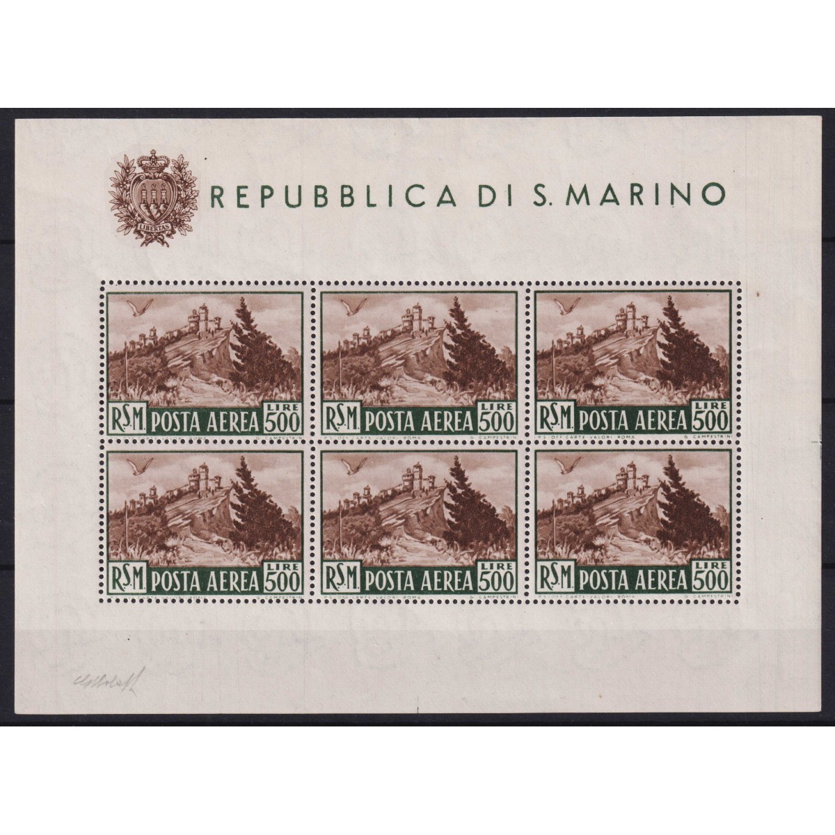SAN MARINO 1951 FOGLIETTO VEDUTA 500 LIRE N.12 G.I MNH** CERT.  | F... SAN MARINO 1951 FOGLIETTO VEDUTA 500 LIRE N.12 G.I MNH** CERT.  | F...