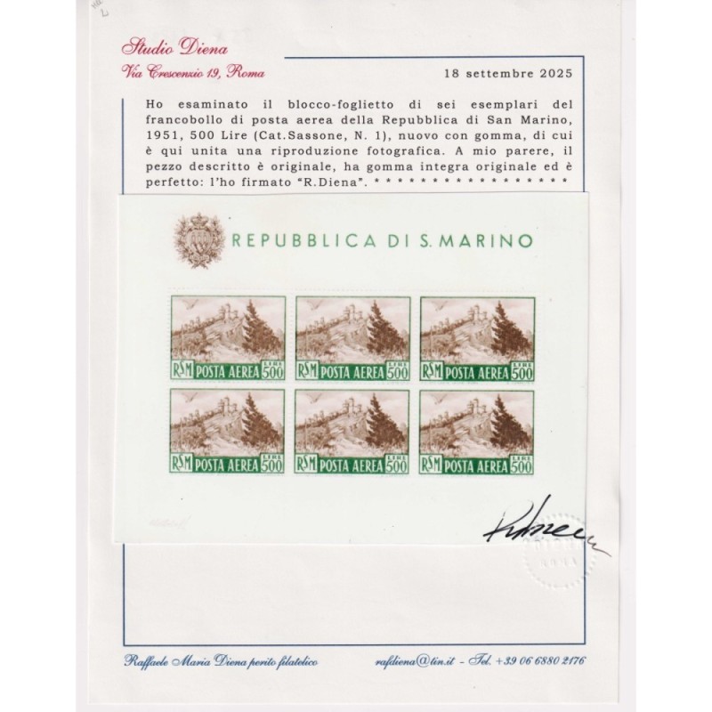SAN MARINO 1951 FOGLIETTO VEDUTA 500 LIRE N.12 G.I MNH** CERT.  | F...
