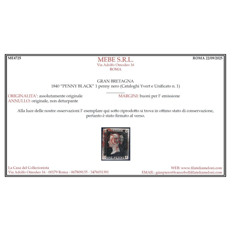 GRAN BRETAGNA 1840 1 PENNY NERO BLACK N.1 US. MARGINATO CERT.  | Fi...
