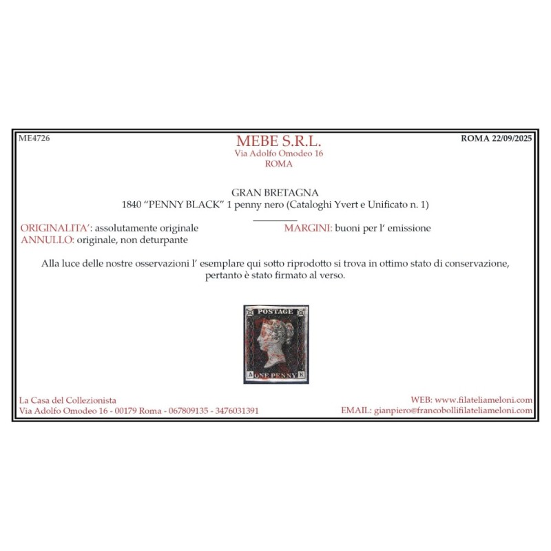 GRAN BRETAGNA 1840 1 PENNY NERO BLACK N.1 US. MARGINATO CERT.  | Fi...