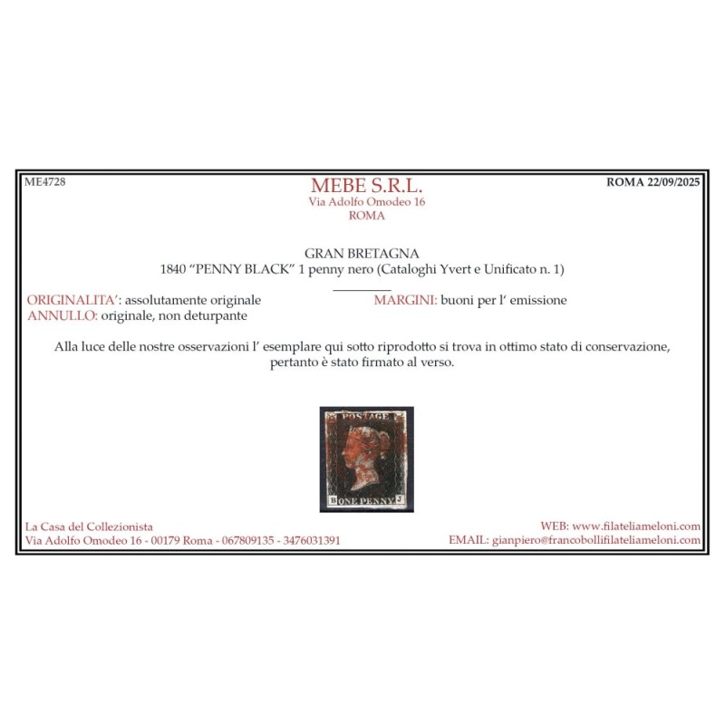 GRAN BRETAGNA 1840 1 PENNY NERO BLACK N.1 US. MARGINATO CERT.  | Fi...