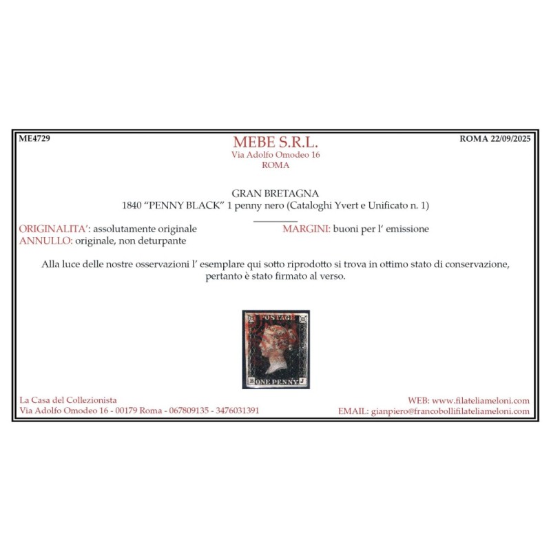 GRAN BRETAGNA 1840 1 PENNY NERO BLACK N.1 US. MARGINATO CERT.  | Fi...