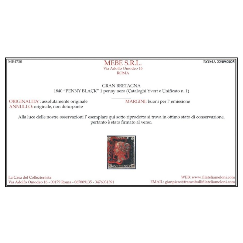 GRAN BRETAGNA 1840 1 PENNY NERO BLACK N.1 US. MARGINATO CERT.  | Fi...
