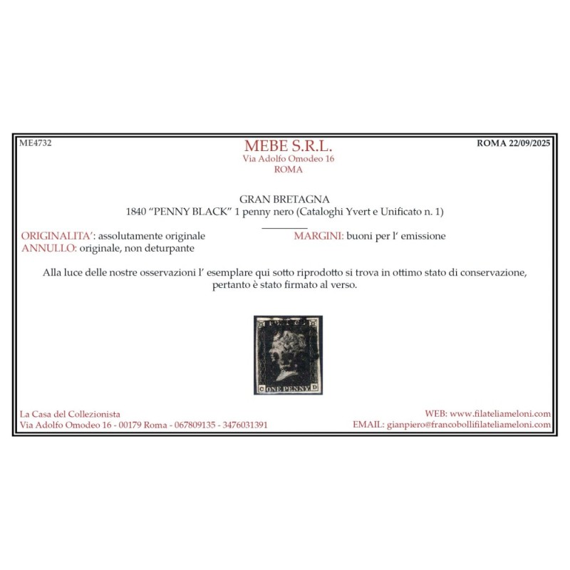 GRAN BRETAGNA 1840 1 PENNY NERO BLACK N.1 US. MARGINATO CERT.  | Fi...