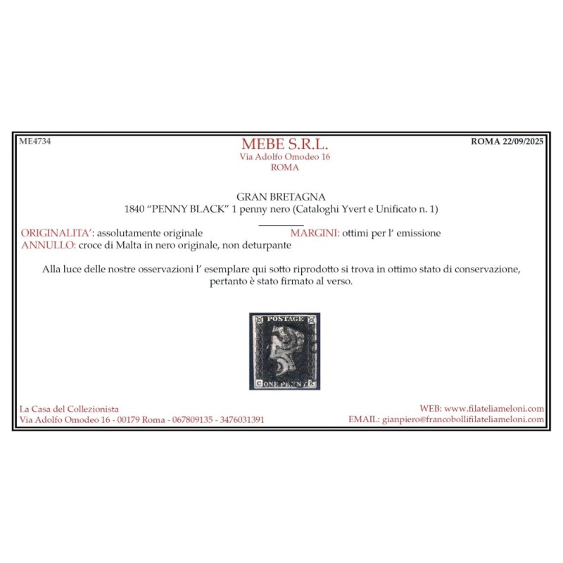 GRAN BRETAGNA 1840 1 PENNY NERO BLACK N.1 US. MARGINATO CERT.  | Fi...