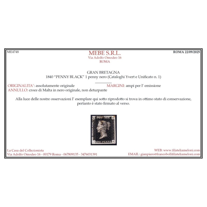 GRAN BRETAGNA 1840 1 PENNY NERO BLACK N.1 US. MARGINATO CERT.  | Fi...