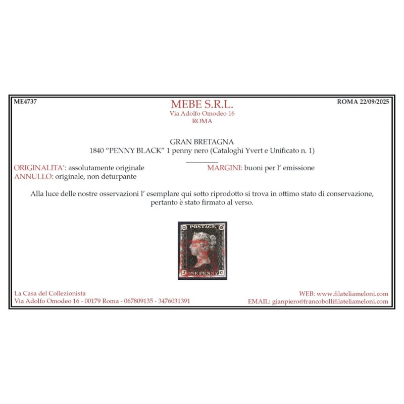 GRAN BRETAGNA 1840 1 PENNY NERO BLACK N.1 US. MARGINATO CERT.  | Fi...