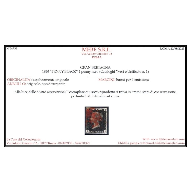 GRAN BRETAGNA 1840 1 PENNY NERO BLACK N.1 US. MARGINATO CERT.  | Fi...