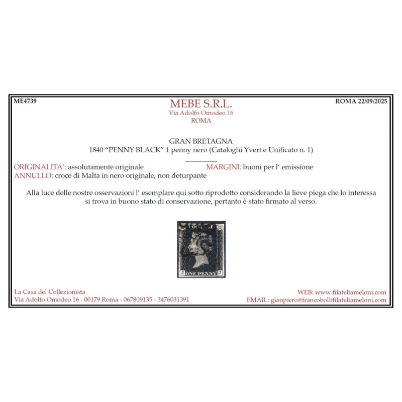 GRAN BRETAGNA 1840 1 PENNY NERO BLACK N.1 US. MARGINATO CERT.  | Fi...