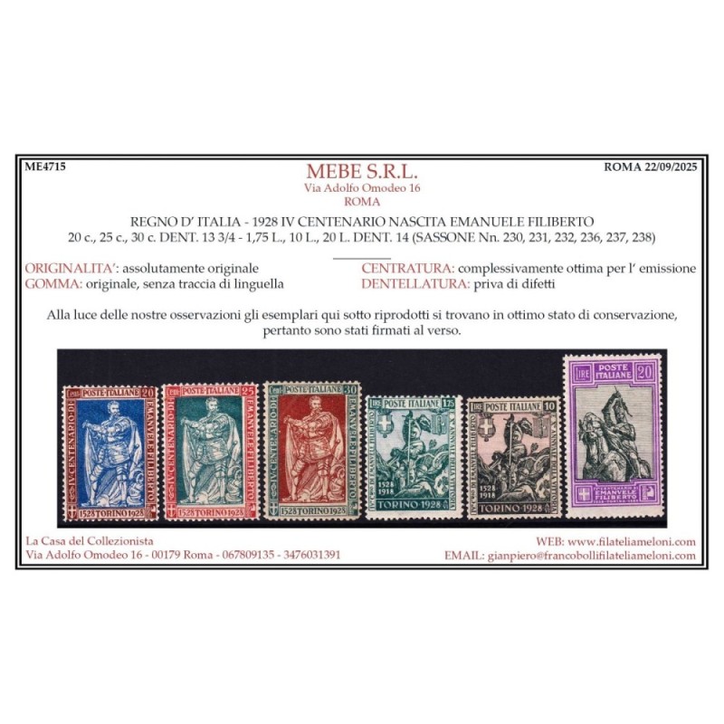 REGNO D'ITALIA 1928 FILIBERTO E VITTORIA 13 V. G.I MNH** CERT.  | F...