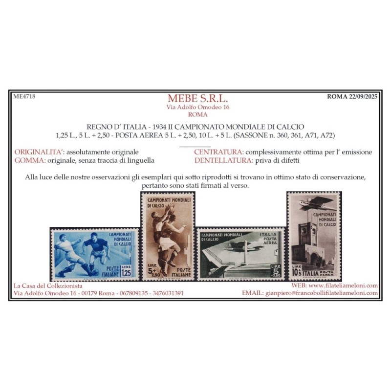 REGNO D'ITALIA 1934 CAMPIONATI MONDIALI DI CALCIO 9 V. G.I MNH** CE...