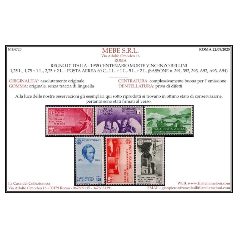 REGNO D'ITALIA 1935 CENTENARIO BELLINI 11 VALORI G.I MNH** CERT.  |...