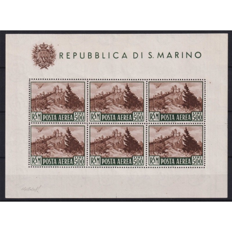 SAN MARINO 1951 FOGLIETTO VEDUTA 500 LIRE N.12 G.I MNH** CERT.  | F...
