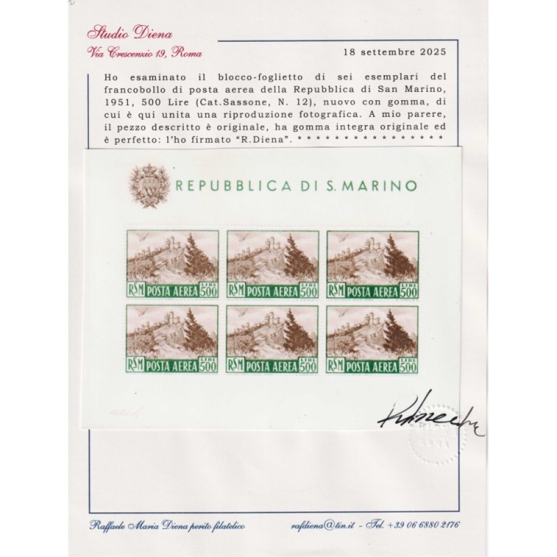 SAN MARINO 1951 FOGLIETTO VEDUTA 500 LIRE N.12 G.I MNH** CERT.  | F...