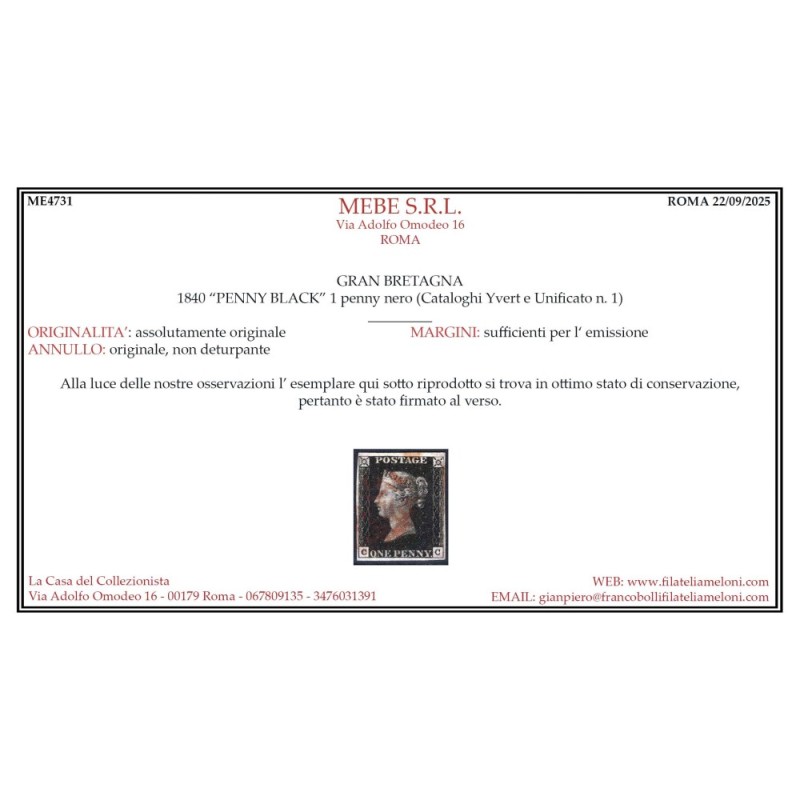 GRAN BRETAGNA 1840 1 PENNY NERO BLACK N.1 US. MARGINATO CERT.  | Fi...