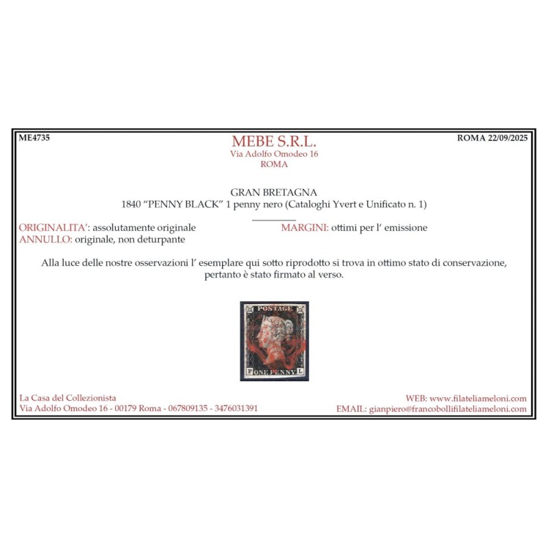 GRAN BRETAGNA 1840 1 PENNY NERO BLACK N.1 US. MARGINATO CERT.  | Fi...