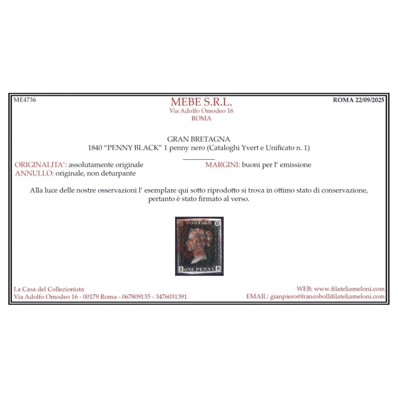 GRAN BRETAGNA 1840 1 PENNY NERO BLACK N.1 US. MARGINATO CERT.  | Fi...