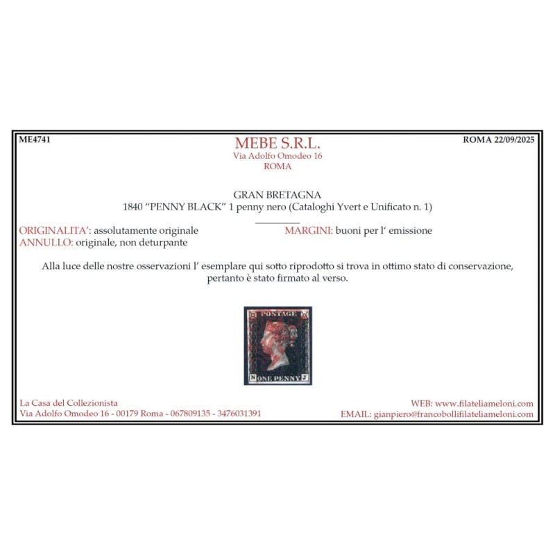 GRAN BRETAGNA 1840 1 PENNY NERO BLACK N.1 US. MARGINATO CERT.  | Fi...