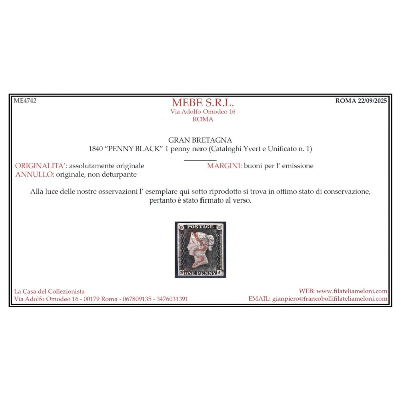 GRAN BRETAGNA 1840 1 PENNY NERO BLACK N.1 US. MARGINATO CERT.  | Fi...