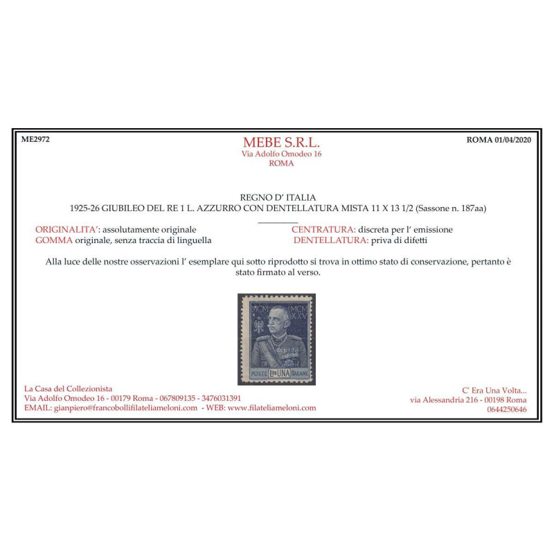 REGNO D'ITALIA 1925-26 GIUBILEO DEL RE 1 L. VARIETA' N.187aa G.I MN...