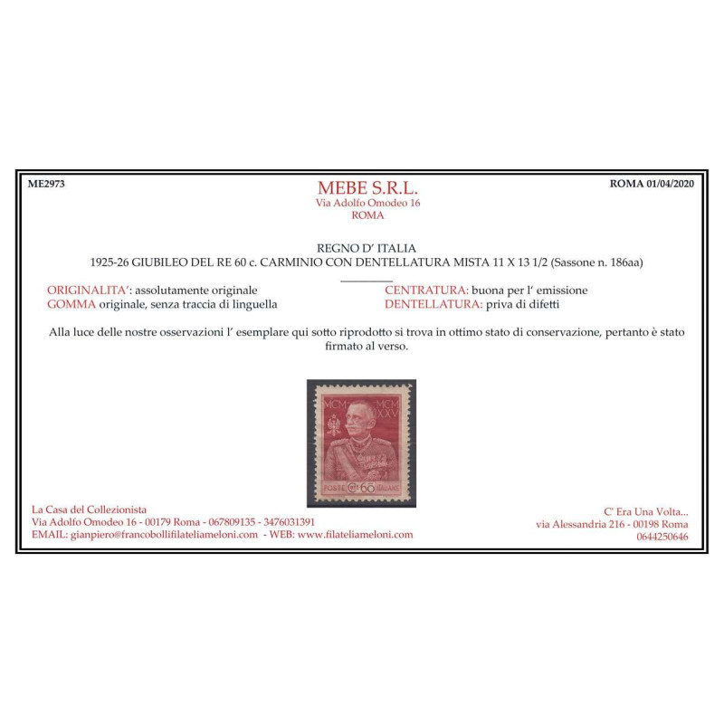 REGNO D'ITALIA 1925-26 GIUBILEO DEL RE 60 C. VARIETA' N.186aa G.I M...