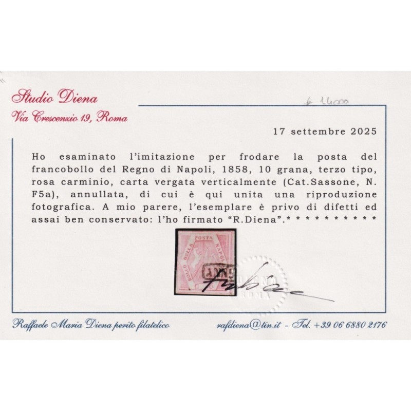 NAPOLI 1859-61 10 GRANA ROSA CARMINIO CARTA VERG. FALSO III TIPO N....