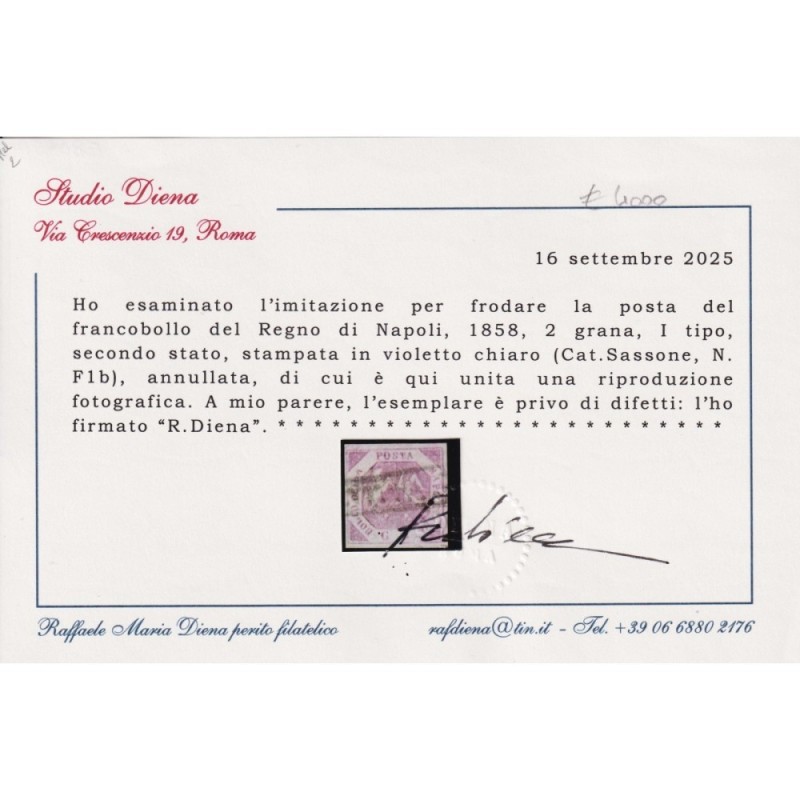 NAPOLI 1859-61 2 GRANA VIOLETTO CHIARO FALSO I TIPO II STATO N.F1b ...