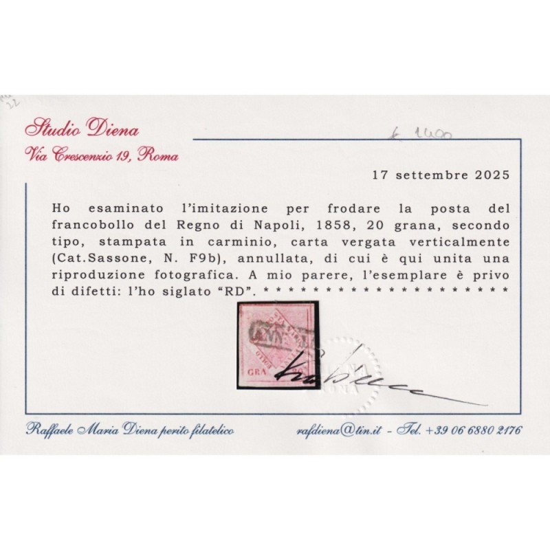 NAPOLI 1859-61 20 GRANA CARMINIO FALSO II TIPO N.F9b US.CERT.  | Fi...